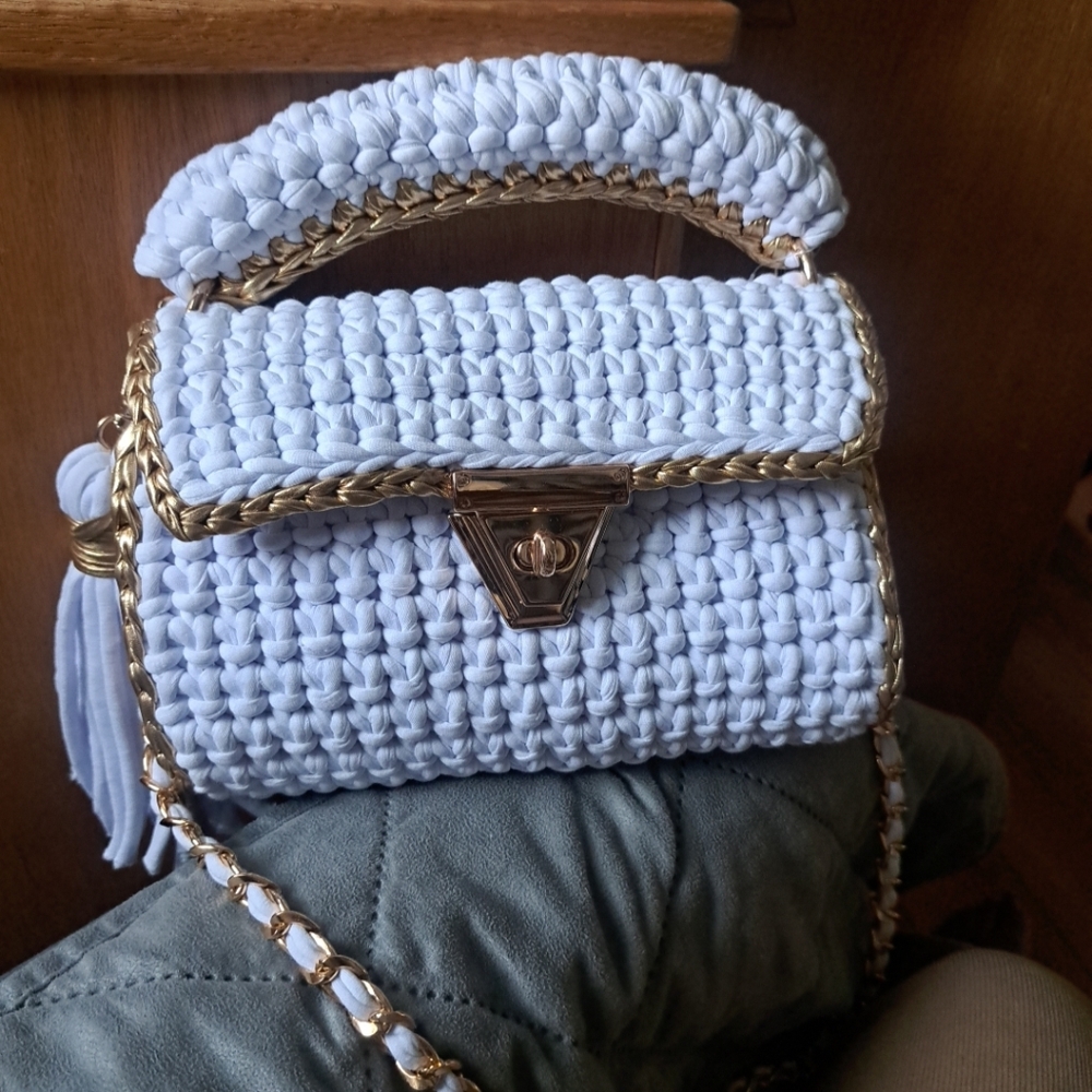 Chic White Woven Mini Bag with Gold Details
